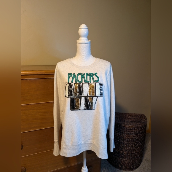 GREEN Bay Packers Repurposed Sequin Game Day Sweatshirt 1X - Picture 2 of 9